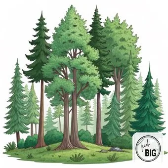 Watercolor picture support for the word Forest: large areas of land covered with trees