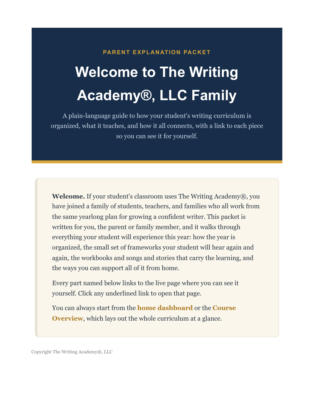 First page of the Parent Explanation Packet
