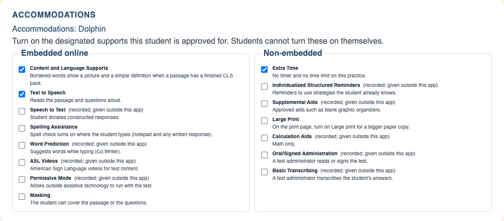 OnSTAGE teacher accommodations checklist for Dolphin, showing reading and timing supports