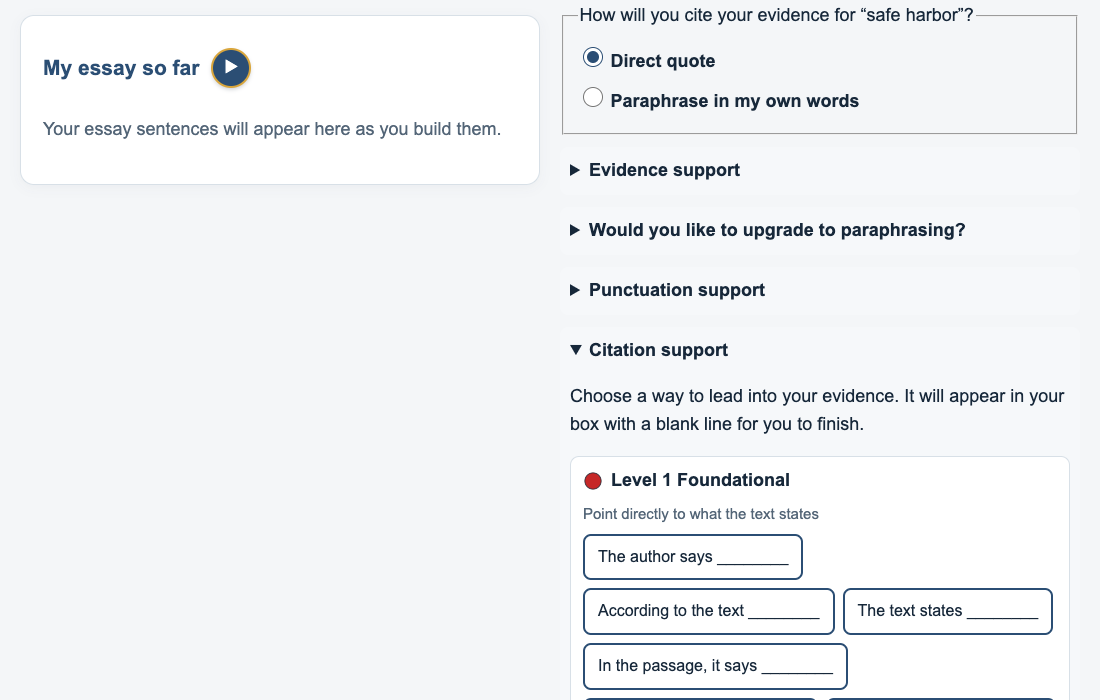 TBASE Essay Expert evidence tutorial with coach support panel
