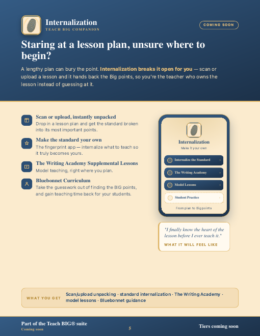 Suite page for Internalization Companion. The phone screen lists Internalize the Standard, The Writing Academy®, Model Lessons, and Student Practice.