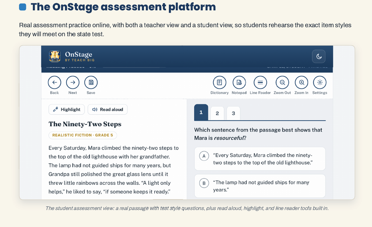 A student view of the OnSTAGE reading platform.