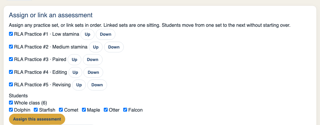 Assign screen in OnSTAGE linking five RLA practice sets into one sitting for the whole class