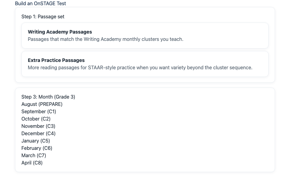 Assignment builder in OnSTAGE showing passage set choices and cluster months for Grade 3