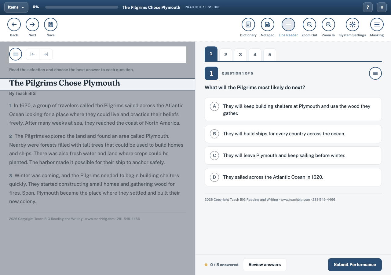 Student test view in OnSTAGE with the line reader tool guiding reading across a Teach BIG passage