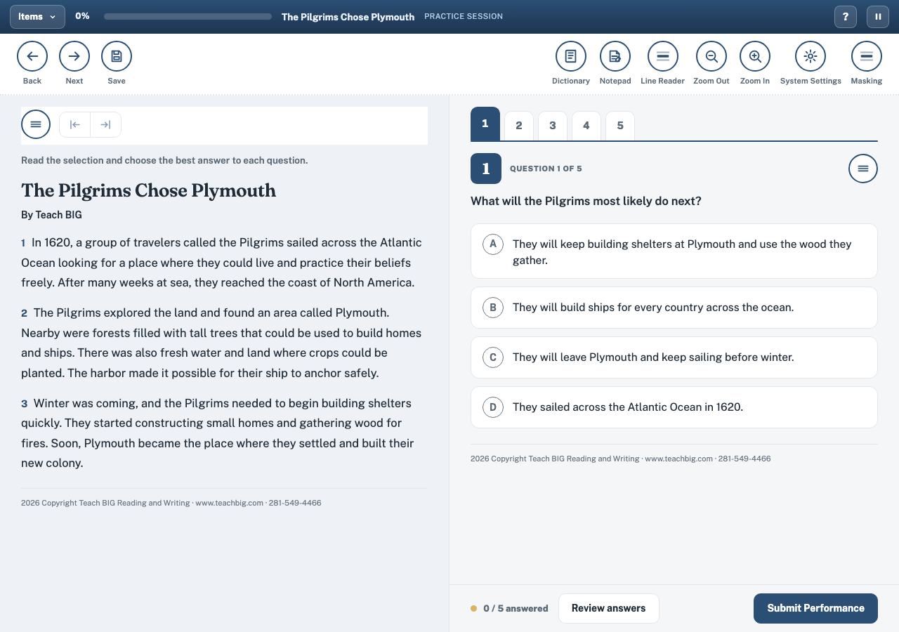 Student test view in OnSTAGE showing a Teach BIG passage beside multiple choice questions and test day tools
